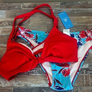 CUPSHE Women's Red Floral Print Knotted Bikini (S)